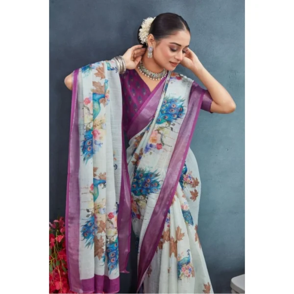 Women's Linen Floral Printed Saree With Unstitched Blouse 5.5Mtr (Magenta) - Image 4
