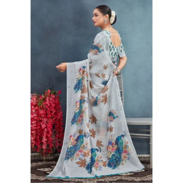 Women's Linen Floral Printed Saree With Unstitched Blouse 5.5Mtr (Off-White) - Image 4