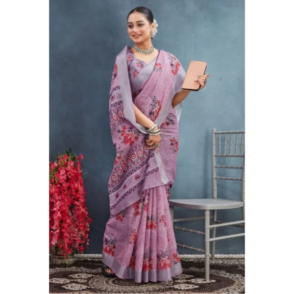 Women's Linen Floral Printed Saree With Unstitched Blouse 5.5Mtr (Purple) - Image 3