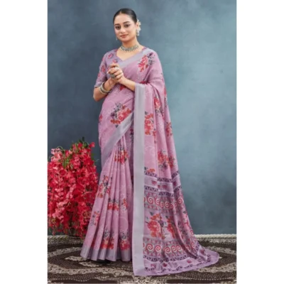 Women's Linen Floral Printed Saree With Unstitched Blouse 5.5Mtr (Purple)
