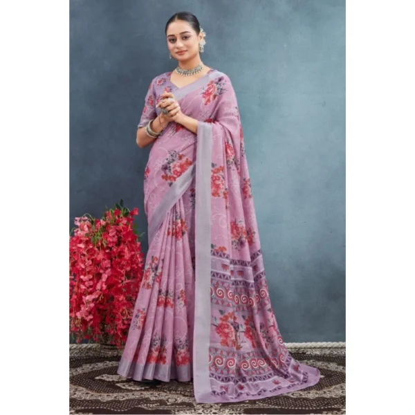 Women's Linen Floral Printed Saree With Unstitched Blouse 5.5Mtr (Purple)