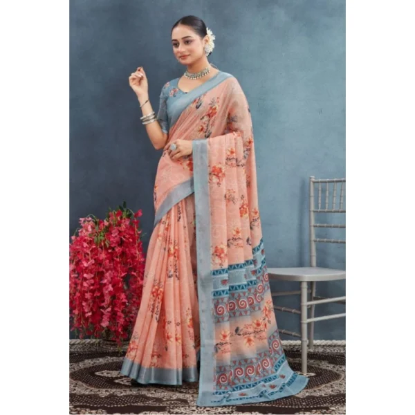Women's Linen Floral Printed Saree With Unstitched Blouse 5.5Mtr (Orange) - Image 2