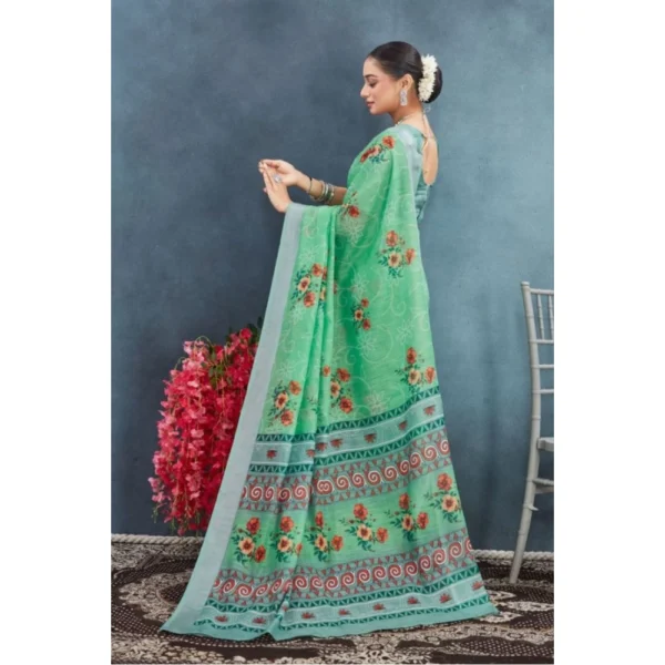 Women's Linen Floral Printed Saree With Unstitched Blouse 5.5Mtr (Green) - Image 3
