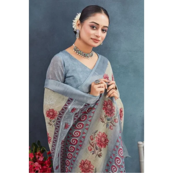 Women's Linen Floral Printed Saree With Unstitched Blouse 5.5Mtr (Beige) - Image 2