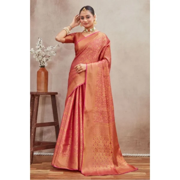Women's Silk Blend Floral Printed Saree With Unstitched Blouse 5.5Mtr (Peach) - Image 4