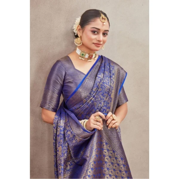 Women's Silk Blend Floral Printed Saree With Unstitched Blouse 5.5Mtr (Royal Blue) - Image 2