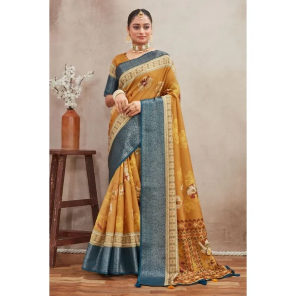 Women's Crepe Silk Printed Saree With Unstitched Blouse 5.5Mtr (Mustard) - Image 4