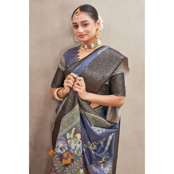Women's Crepe Silk Printed Saree With Unstitched Blouse 5.5Mtr (Grey) - Image 2