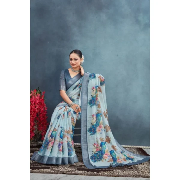 Women's Linen Floral Printed Saree With Unstitched Blouse 5.5Mtr (Grey) - Image 3