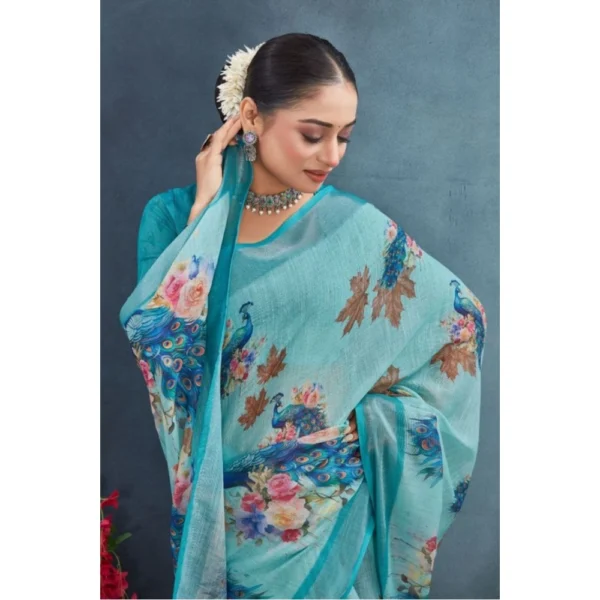Women's Linen Floral Printed Saree With Unstitched Blouse 5.5Mtr (Aqua) - Image 4