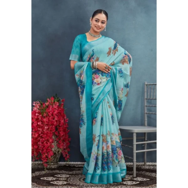 Women's Linen Floral Printed Saree With Unstitched Blouse 5.5Mtr (Aqua) - Image 2