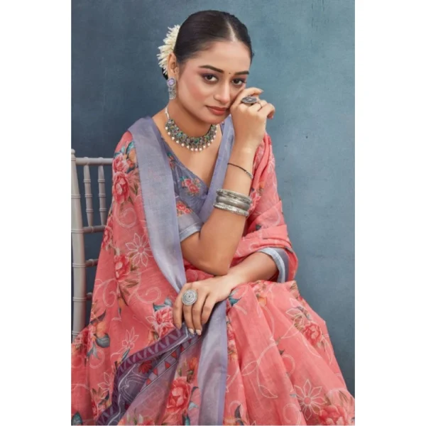 Women's Linen Floral Printed Saree With Unstitched Blouse 5.5Mtr (Peach) - Image 2