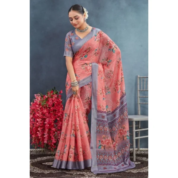 Women's Linen Floral Printed Saree With Unstitched Blouse 5.5Mtr (Peach) - Image 4