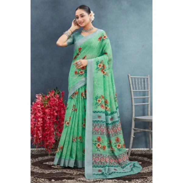 Women's Linen Floral Printed Saree With Unstitched Blouse 5.5Mtr (Green) - Image 2