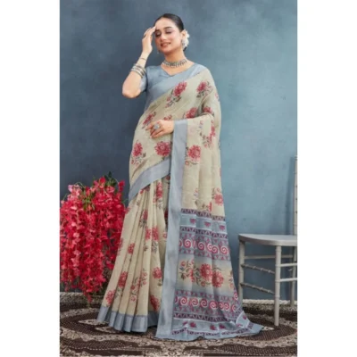 Women's Linen Floral Printed Saree With Unstitched Blouse 5.5Mtr (Beige)
