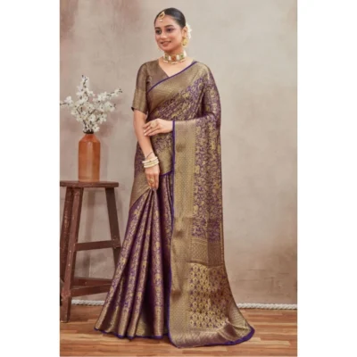 Women's Silk Blend Floral Printed Saree With Unstitched Blouse 5.5Mtr (Navy Blue)