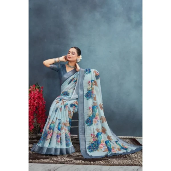 Women's Linen Floral Printed Saree With Unstitched Blouse 5.5Mtr (Grey) - Image 2
