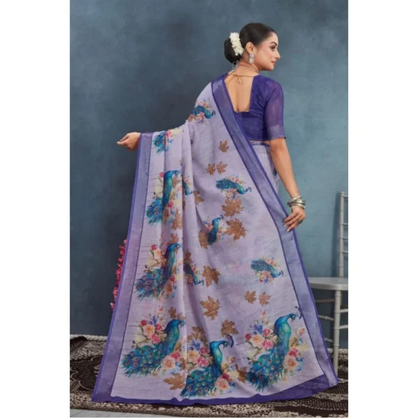 Women's Linen Floral Printed Saree With Unstitched Blouse 5.5Mtr (Purple) - Image 2