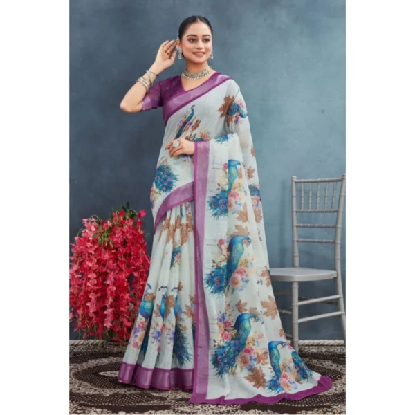Women's Linen Floral Printed Saree With Unstitched Blouse 5.5Mtr (Magenta) - Image 3