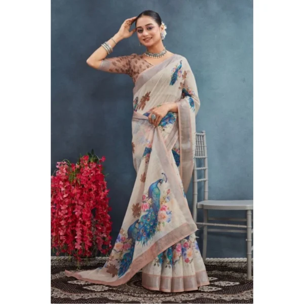 Women's Linen Floral Printed Saree With Unstitched Blouse 5.5Mtr (Beige) - Image 3