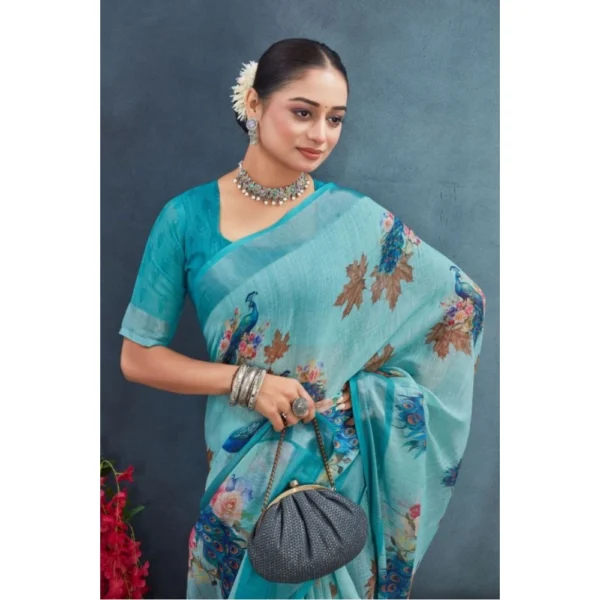 Women's Linen Floral Printed Saree With Unstitched Blouse 5.5Mtr (Aqua) - Image 3