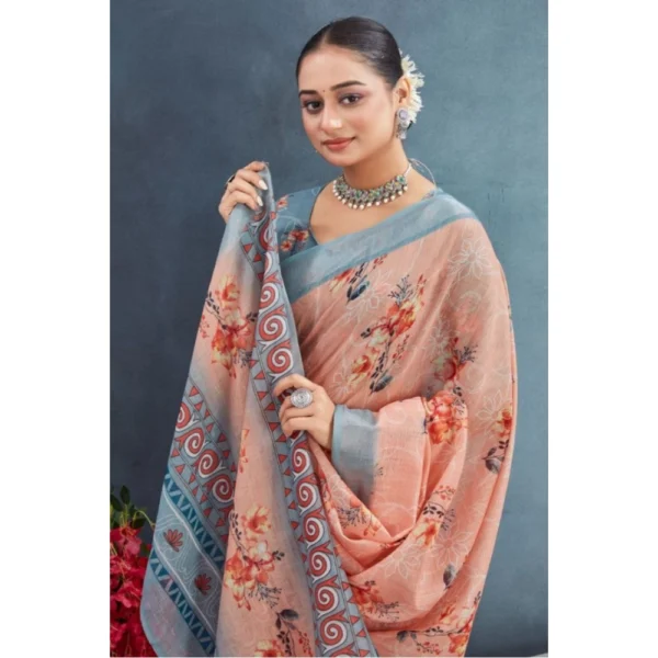 Women's Linen Floral Printed Saree With Unstitched Blouse 5.5Mtr (Orange) - Image 3