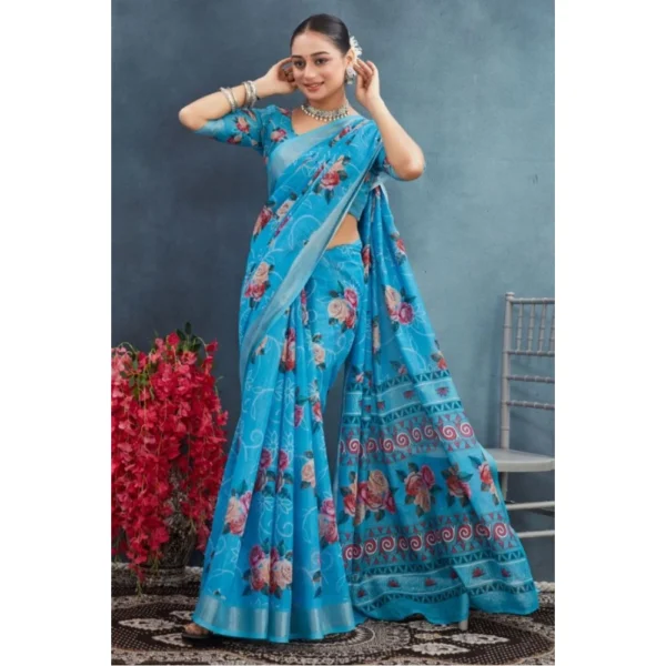 Women's Linen Floral Printed Saree With Unstitched Blouse 5.5Mtr (Blue) - Image 2