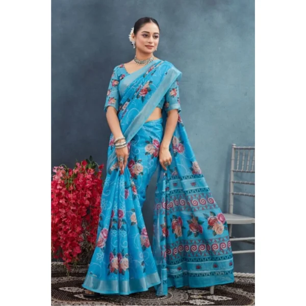 Women's Linen Floral Printed Saree With Unstitched Blouse 5.5Mtr (Blue) - Image 3