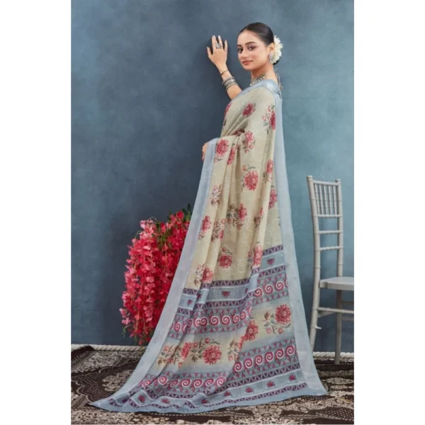 Women's Linen Floral Printed Saree With Unstitched Blouse 5.5Mtr (Beige) - Image 3