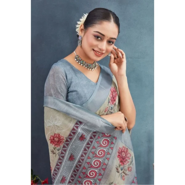 Women's Linen Floral Printed Saree With Unstitched Blouse 5.5Mtr (Beige) - Image 4