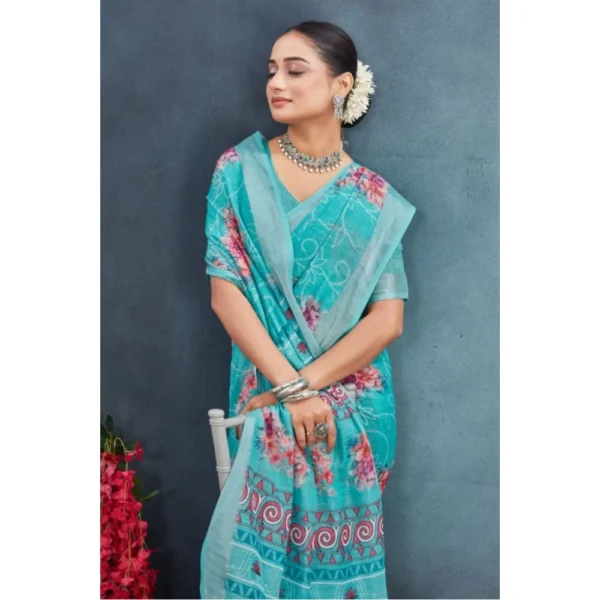 Women's Linen Floral Printed Saree With Unstitched Blouse 5.5Mtr (Aqua) - Image 2