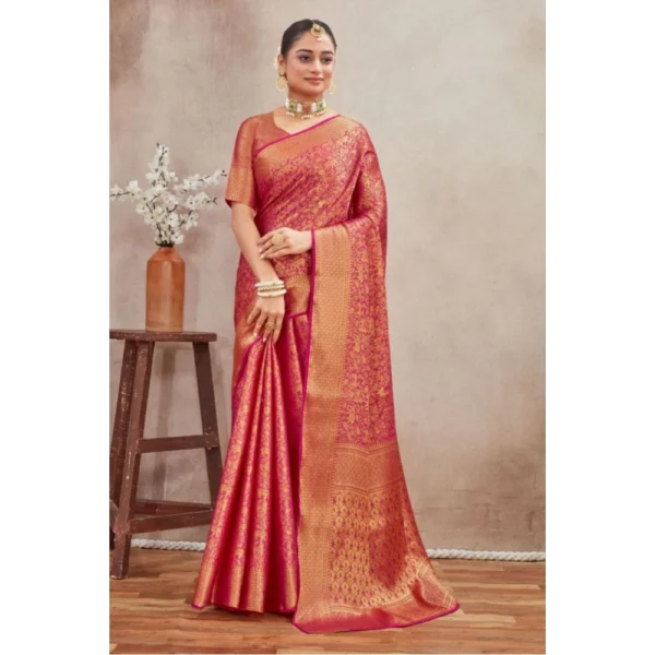 Women's Silk Blend Floral Printed Saree With Unstitched Blouse 5.5Mtr (Pink) - Image 3