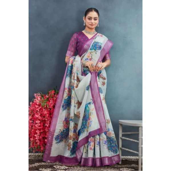 Women's Linen Floral Printed Saree With Unstitched Blouse 5.5Mtr (Magenta) - Image 2