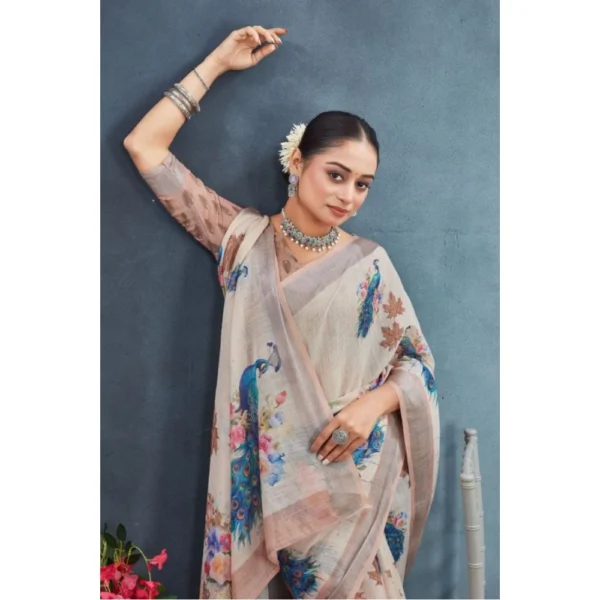 Women's Linen Floral Printed Saree With Unstitched Blouse 5.5Mtr (Beige) - Image 2
