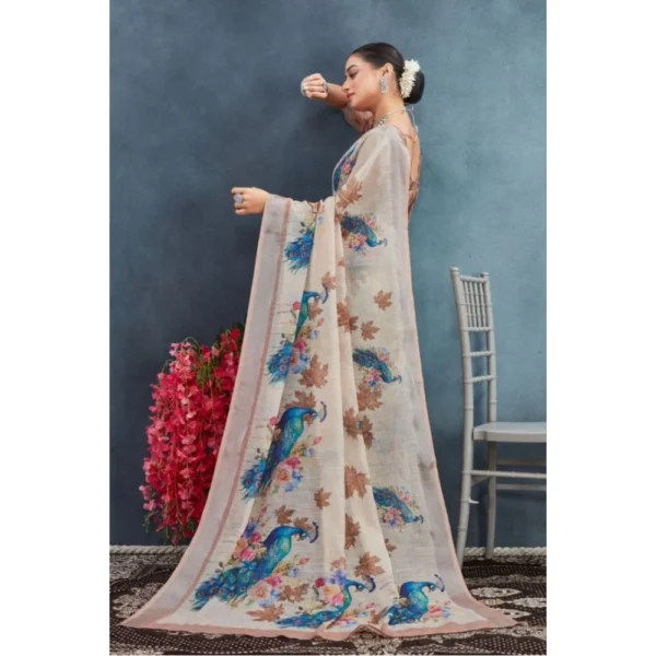 Women's Linen Floral Printed Saree With Unstitched Blouse 5.5Mtr (Beige) - Image 4