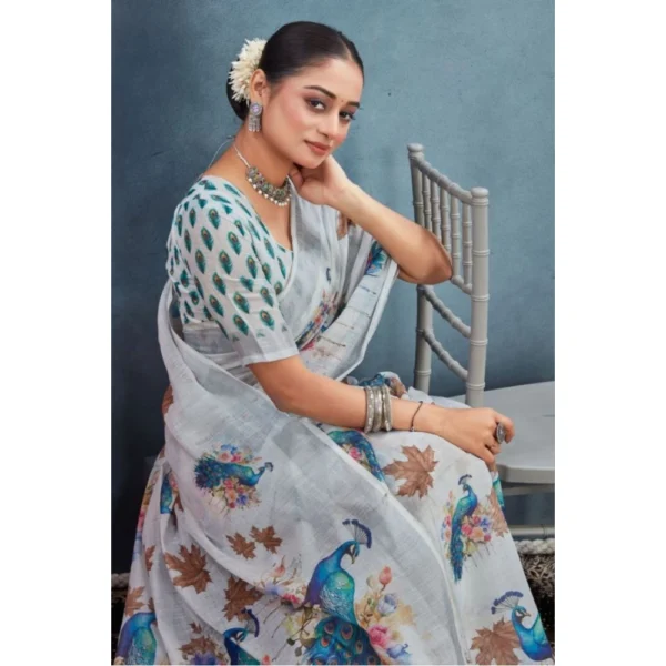 Women's Linen Floral Printed Saree With Unstitched Blouse 5.5Mtr (Off-White) - Image 3