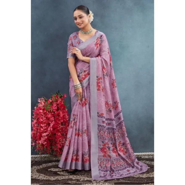 Women's Linen Floral Printed Saree With Unstitched Blouse 5.5Mtr (Purple) - Image 2