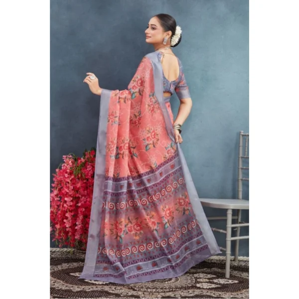 Women's Linen Floral Printed Saree With Unstitched Blouse 5.5Mtr (Peach) - Image 3