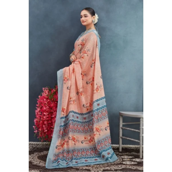 Women's Linen Floral Printed Saree With Unstitched Blouse 5.5Mtr (Orange) - Image 4