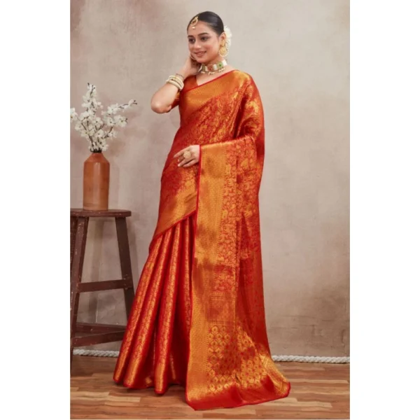 Women's Silk Blend Floral Printed Saree With Unstitched Blouse 5.5Mtr (Red) - Image 3