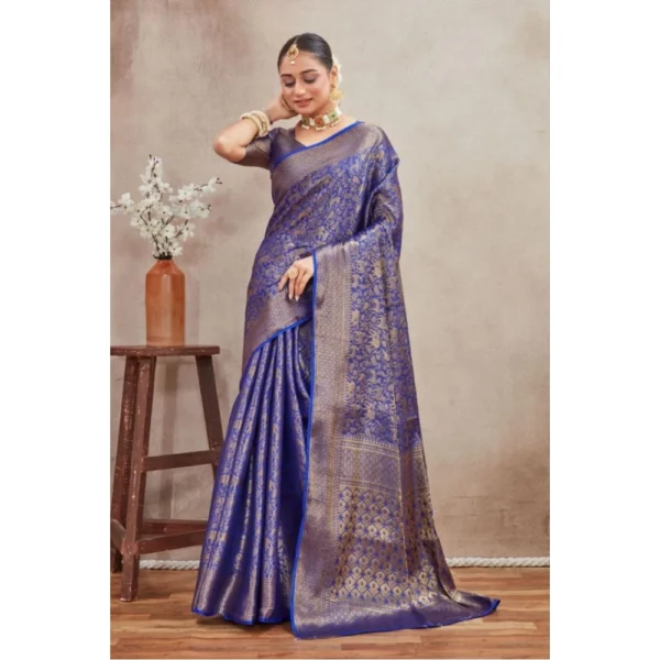 Women's Silk Blend Floral Printed Saree With Unstitched Blouse 5.5Mtr (Royal Blue) - Image 3