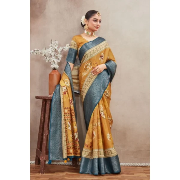 Women's Crepe Silk Printed Saree With Unstitched Blouse 5.5Mtr (Mustard) - Image 3