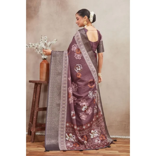 Women's Crepe Silk Printed Saree With Unstitched Blouse 5.5Mtr (purple) - Image 2