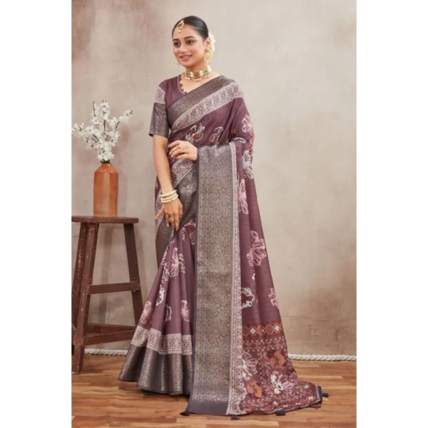 Women's Crepe Silk Printed Saree With Unstitched Blouse 5.5Mtr (purple) - Image 4