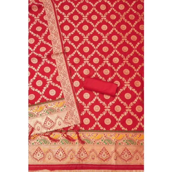 Women's Banarasi Silk Printed Unstitched Salwar Suit Material With Dupatta (Red, 3Mtrs) - Image 3