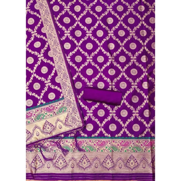 Women's Banarasi Silk Printed Unstitched Salwar Suit Material With Dupatta (Purple, 3Mtrs) - Image 3