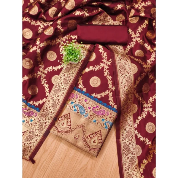 Women's Banarasi Silk Printed Unstitched Salwar Suit Material With Dupatta (Maroon, 3Mtrs) - Image 4