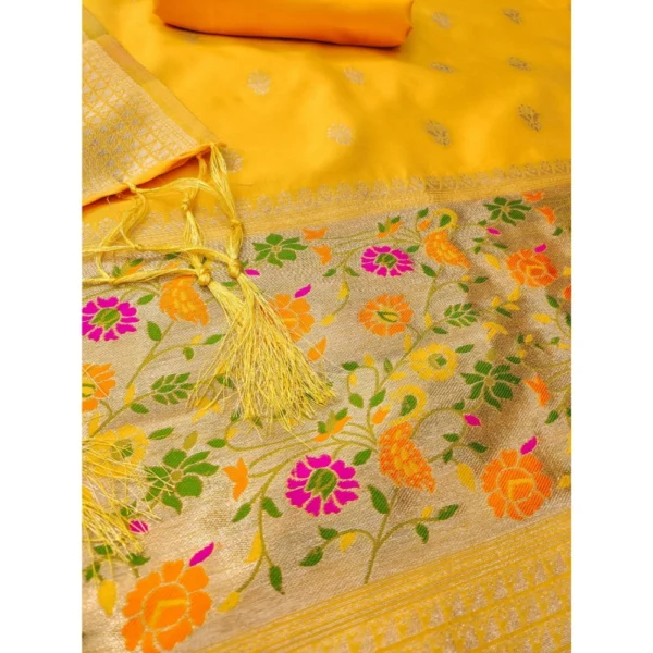 Women's Banarasi Silk Printed Unstitched Salwar Suit Material With Dupatta (Yellow, 3Mtrs) - Image 2