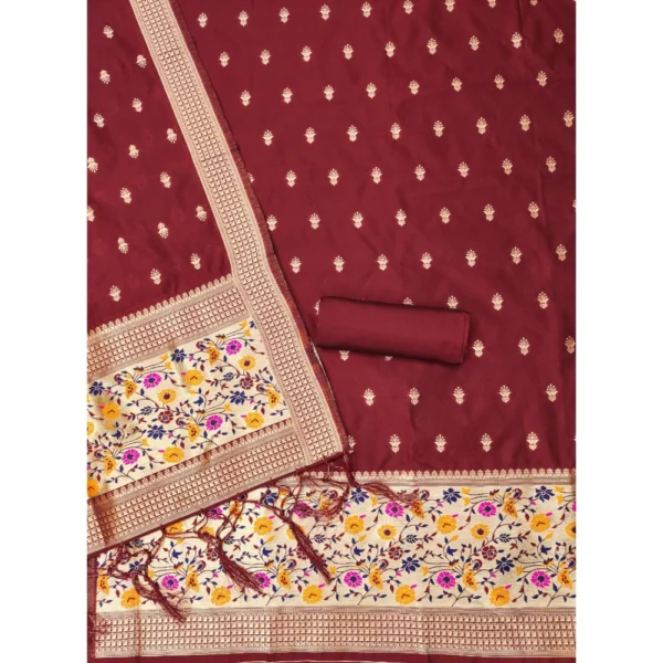 Women's Banarasi Silk Printed Unstitched Salwar Suit Material With Dupatta (Maroon, 3Mtrs) - Image 3