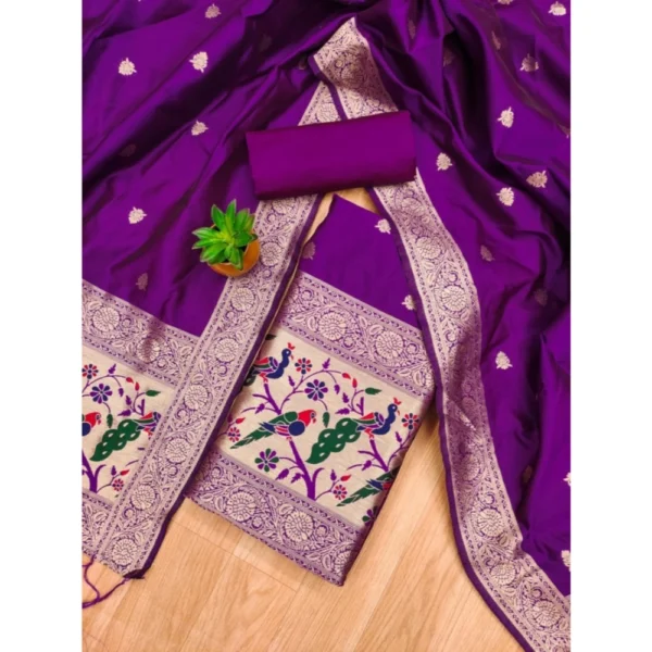 Women's Banarasi Silk Printed Unstitched Salwar Suit Material With Dupatta (Purple, 3Mtrs) - Image 4